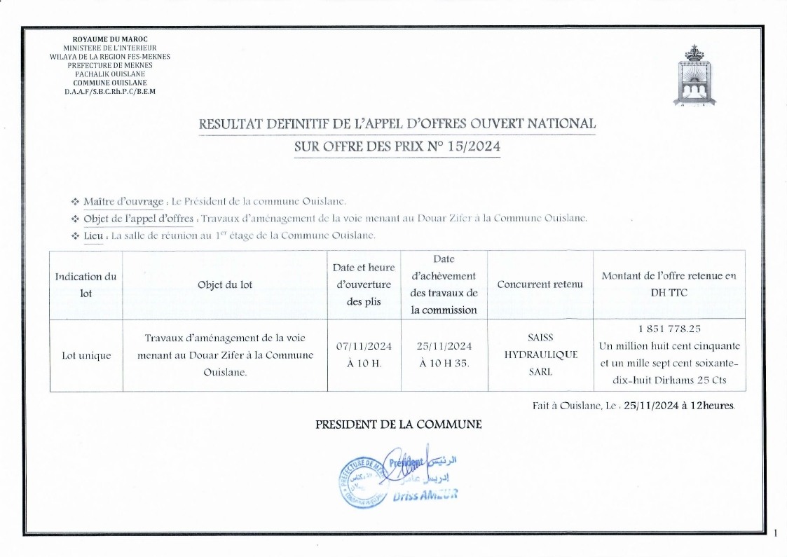 Résultat de l'appel d'offres ouvert national N° 15/2024